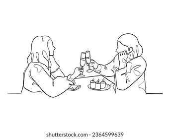 Continuo dibujo de una línea de feliz pareja animando vasos de vino. Ilustración vectorial.
