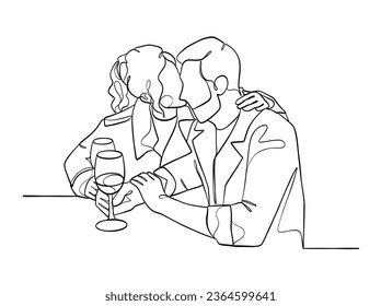 Kontinuierliche Zeichnung eines glücklichen Ehepaares, das eine Gläser Wein jubelt. Vektorgrafik.