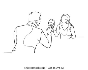 Continuous one line drawing of happy couple cheering glasses of wine. Vector illustration.