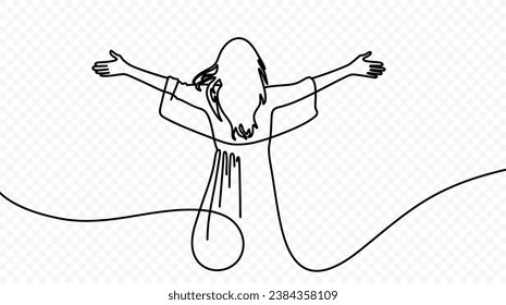 Continuous one line drawing of happy woman raised her hands up vector design. Single line art illustration of woman enjoying life on transparent background