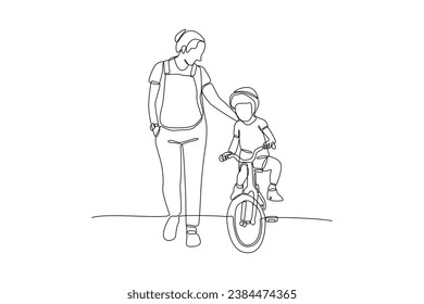 Continuous one line drawing Happy Parents with her child riding bike together. Outdoor leisure activities concept. Doodle vector illustration.