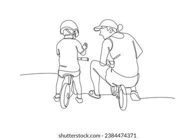 Continuous one line drawing Happy Parents with her child riding bike together. Outdoor leisure activities concept. Doodle vector illustration.