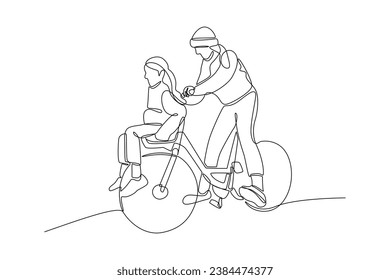 Continuous one line drawing Happy Parents with her child riding bike together. Outdoor leisure activities concept. Doodle vector illustration.
