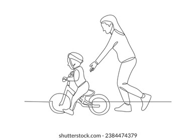 Continuous one line drawing Happy Parents with her child riding bike together. Outdoor leisure activities concept. Doodle vector illustration.