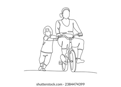 Continuous one line drawing Happy Parents with her child riding bike together. Outdoor leisure activities concept. Doodle vector illustration.