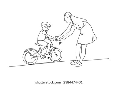 Continuous one line drawing Happy Parents with her child riding bike together. Outdoor leisure activities concept. Doodle vector illustration.
