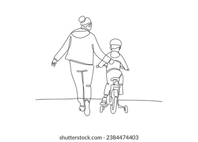 Continuous one line drawing Happy Parents with her child riding bike together. Outdoor leisure activities concept. Doodle vector illustration.
