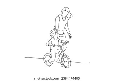 Continuous one line drawing Happy Parents with her child riding bike together. Outdoor leisure activities concept. Doodle vector illustration.