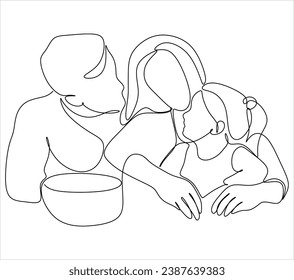 Continuous one line drawing of happy family. Vector illustration.