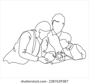 Continuous one line drawing of happy family. Vector illustration.