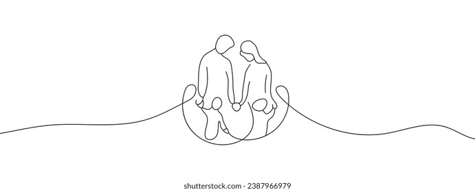 Continuous one line drawing. Happy family father and mother with children