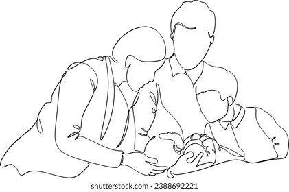 Continuous one line drawing of happy family. Vector illustration.