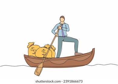 Continuous one line drawing of happy businessman standing in boat and sailing with money bag. Financial profit, successful management. Escape with money. Single line design vector graphic illustration