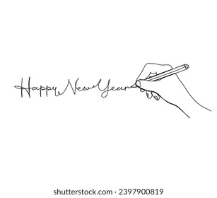 Continuous one line drawing of Happy New Year. Writing using pen. Happy New Year handwritten lettering new year text vector.