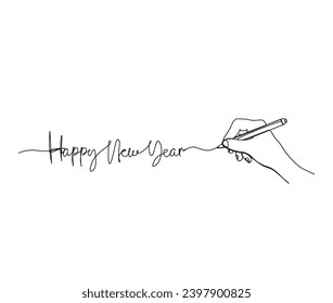 Continuous one line drawing of Happy New Year. Writing using pen. Happy New Year handwritten lettering new year text vector.