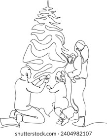 Continuous one line drawing of happy family on Christmas Day.  Vector illustration without artificial intelligence