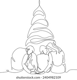 Continuous one line drawing of happy family on Christmas Day.  Vector illustration without artificial intelligence