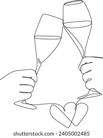 Continuous one line drawing of happy couple cheering glasses of wine. Vector illustration without artificial intelligence 