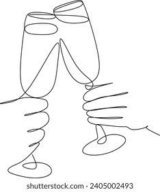 Continuous one line drawing of happy couple cheering glasses of wine. Vector illustration without artificial intelligence 