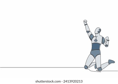 Continuous one line drawing happy robot kneeling with raised one hand high and raised other. Humanoid cybernetic organism. Future robot development. Single line draw graphic design vector illustration