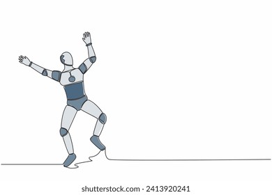 Continuous one line drawing happy robot jump with both hands raised. Successful in tech business project. Humanoid cybernetic organism. Future robotic. Single line graphic design vector illustration