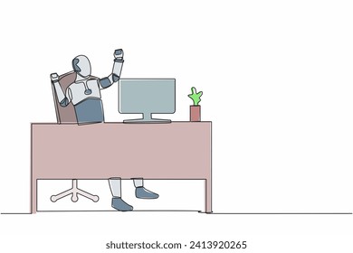 Continuous one line drawing happy robot sitting on workplace with raised one hand high and raised the other. Humanoid cybernetic organism. Future robotic. Single line draw design vector illustration