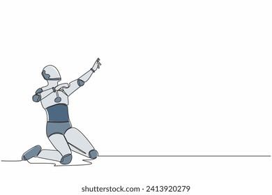 Continuous one line drawing happy robot kneeling with celebrating goal pose. Success business project. Humanoid cybernetic organism. Future robotic. Single line draw graphic design vector illustration