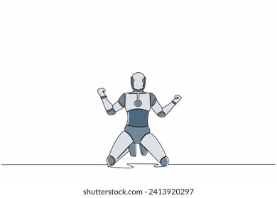 Continuous one line drawing of happy robot kneeling with both hands yes gesture, celebrating success. Humanoid cybernetic organism. Future robotic. Single line draw graphic design vector illustration