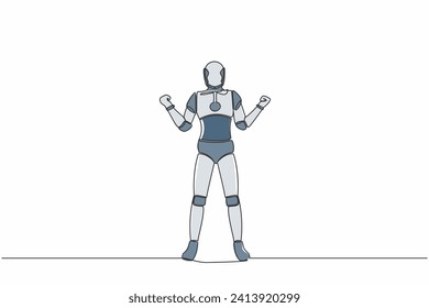 Continuous one line drawing of happy robot standing with both hands yes gesture. Humanoid cybernetic organism. Future robotic industry development. Single line draw graphic design vector illustration