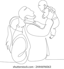 Continuous one line drawing. Happy family father and mother with children. hand-drawn without artificial intelligence
