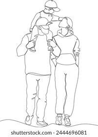 Continuous one line drawing. Happy family father and mother with children. hand-drawn without artificial intelligence
