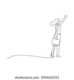 Dibujo continuo de una línea de la empresaria feliz con el maletín. Logro de objetivos de carrera y desarrollo en los negocios