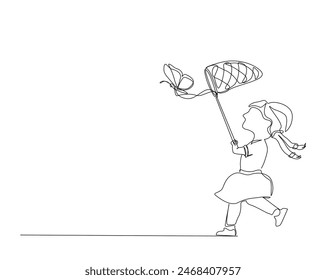 Continuous one line drawing of happy cute kids girl catch butterfly. Girl holding butterfly net simple outline. Editable stroke.