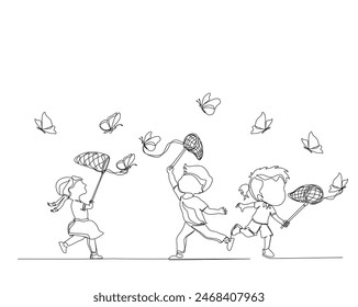 Continuous one line drawing of happy cute kids boy and girl catch butterfly. Girl holding butterfly net simple outline. Editable stroke.