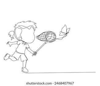 Continuous one line drawing of happy cute kids girl catch butterfly. Girl holding butterfly net simple outline. Editable stroke.