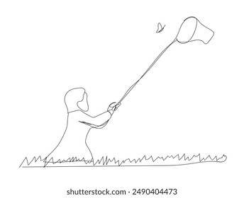 Continuous one line drawing of happy cute kids girl catch butterfly. Girl holding butterfly net simple outline. Editable stroke.