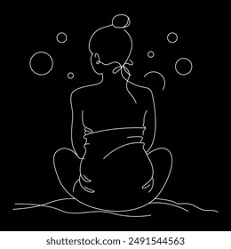 Continuous one line drawing of happy pregnant woman vector design on black background