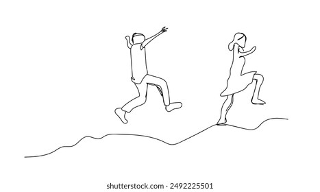 Continuous one line drawing. Happy boys pupil running and jumping. Vector illustration. Concept for logo, card, banner, poster flyer