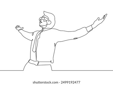 Continuous One Line Drawing of Happy Businessman. Man with Hands Up One Line Illustration. Businessman Abstract Minimalist Contour Drawing. Vector EPS 10	