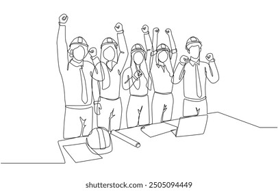 Continuous one line drawing of happy engineers celebrate project completion, celebration of engineering team concept, single line art.