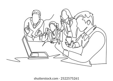 Continuous one line drawing happy businessman and woman sitting in front of laptop and celebrating their financial target success. Team work goal. Single line draw design vector graphic illustration