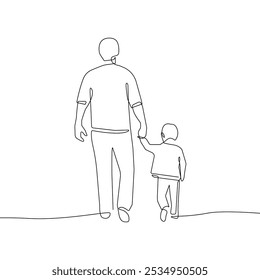 Continuous One Line Drawing of Happy Family. Father and Daughter Walking Together Single Line Drawing Minimalist Illustration. Happy Father`s Day Vector Illustration