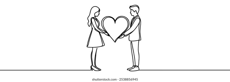 Continuous one line drawing Happy man and woman holding a heart