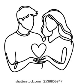 Continuous one line drawing Happy man and woman holding a heart