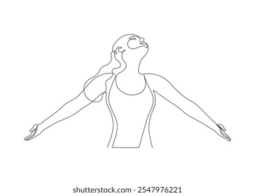 Continuous one line drawing happy woman stretched her arms out to sides, relaxation and breathing exercise. Person stretching as symbol of freedom and openness to world. Vector illustration