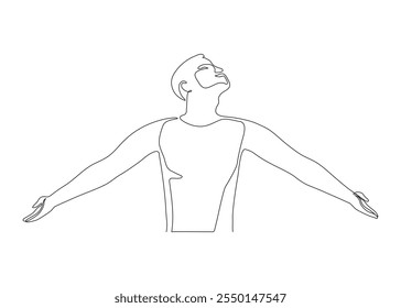 Uma linha contínua desenhando homem feliz esticou seus braços para os lados, relaxamento e exercício de respiração. Pessoa se alongando como símbolo de liberdade e abertura ao mundo. Ilustração vetorial