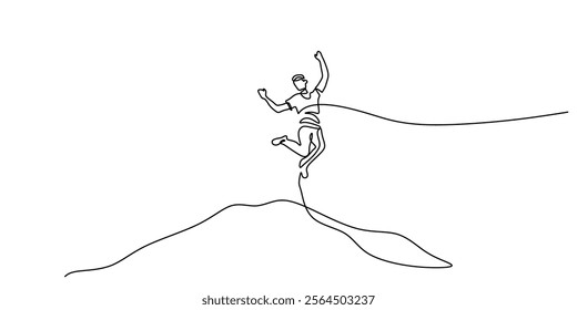 Continuous one line drawing of a happy man jumping. Symbolizing joy, freedom, and the celebration of success. Vector illustration hand drawn.