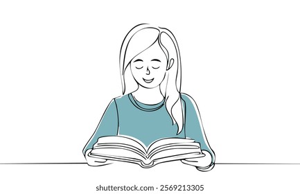 Continuous one line drawing happy student girl reading book at leisure time. Book lovers concept. Single line draw design vector graphic illustration.