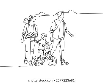 Continuous one line drawing Happy Parents with her child riding bike together. Outdoor leisure activities concept. Doodle vector illustration.