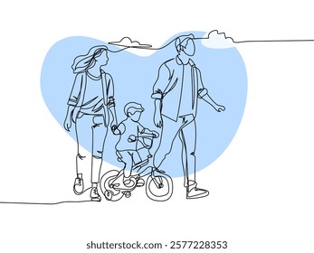 Continuous one line drawing Happy Parents with her child riding bike together. Outdoor leisure activities concept. Doodle vector illustration.